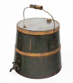 AMERICAN GREEN-PAINTED AND STAVED OAK KEROSENE BUCKET.