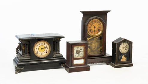 FOUR AMERICAN MANTLE CLOCKS.