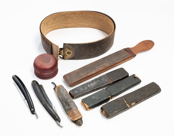 NINE BARBER'S ACCESSORIES, INCL. ENGLISH STRAIGHT RAZORS.