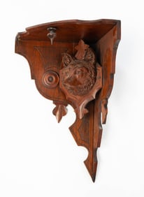 VICTORIAN CARVED WALNUT CORNER WALL BRACKET WITH FOX HEAD.