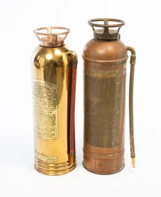 TWO COPPER AND BRASS FIRE EXTINGUISHERS.