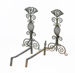 PAIR OF LARGE WROUGHT IRON ANDIRONS.