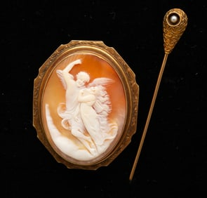 14K YELLOW GOLD SEED PEARL STICK PIN AND SHELL CAMEO BROOCH.