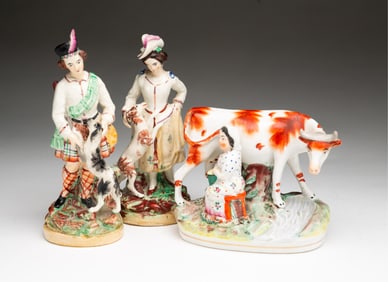 THREE ENGLISH STAFFORDSHIRE FIGURINES.