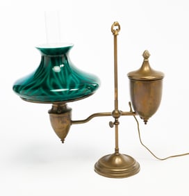 AMERICAN BRASS STUDENT LAMP WITH GLASS EMERALITE TAM-O-SHANTER SHADE.