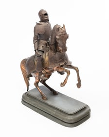 AMERICAN MIXED METAL STATUE OF A JOUSTING KNIGHT ON HORSEBACK.