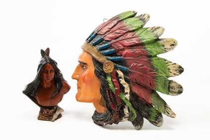 PLASTER WALL PLAQUE AND BUST OF NATIVE AMERICANS.