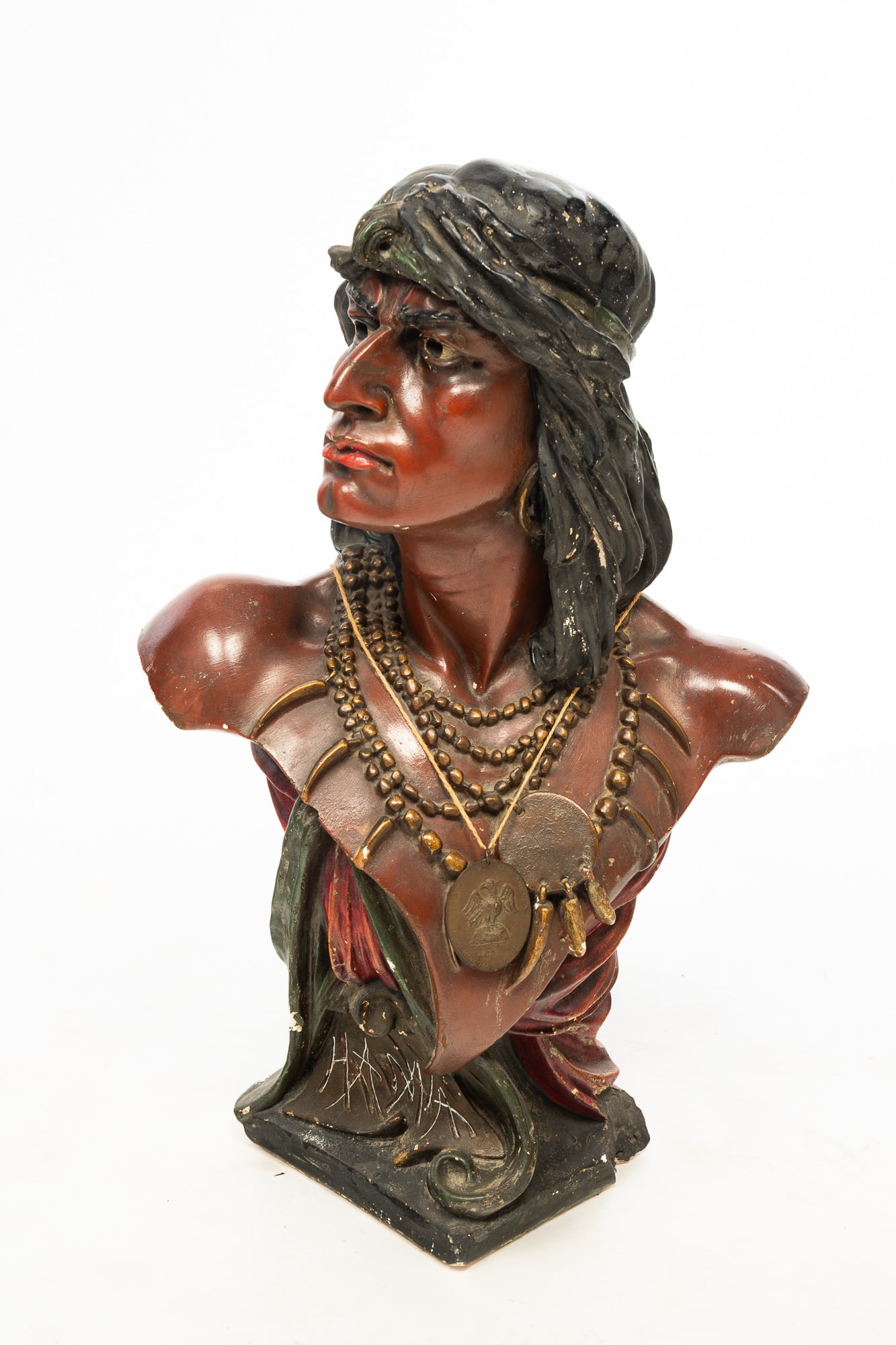 LARGE NATIVE AMERICAN PLASTER BUST.: Ca. 1900. Colorfully decorated. 28"h.Provenance: From the Lifetime Collection of the late Ken Hanna (Chester, New Jersey).