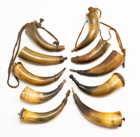 COLLECTION OF TEN POWDER HORNS.