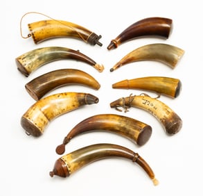 GROUP OF TEN POWDER HORNS, INCL. TWO ENGRAVED EXAMPLES.