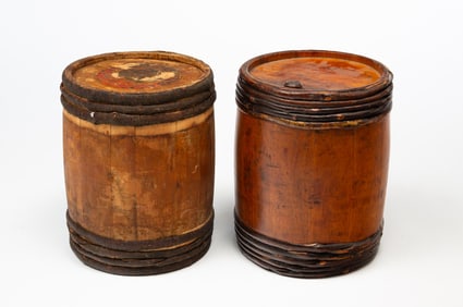 TWO AMERICAN BLACK POWDER KEGS ONE WITH XENIA, OHIO LABEL.