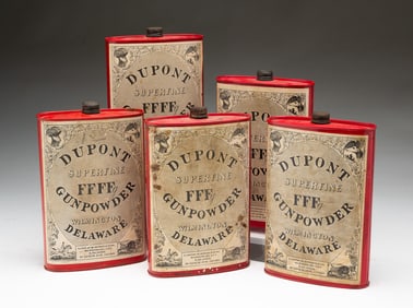 FIVE DUPONT (WILMINGTON, DELAWARE) TIN SUPERFINE GUNPOWDER 1 LB. FLASKS.