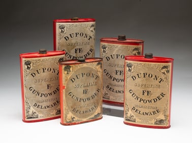 FIVE DUPONT (WILMINGTON, DELAWARE) TIN SUPERFINE GUNPOWDER FLASKS.