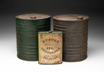 THREE AMERICAN DUPONT GUNPOWDER TINS.