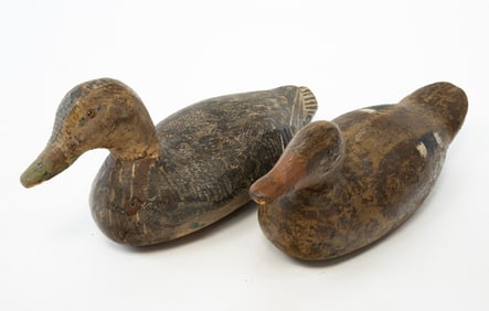 TWO AMERICAN CARVED AND PAINTED DUCK DECOYS.
