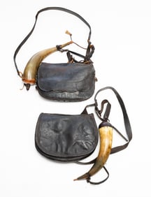 TWO LEATHER HUNTING BAGS WITH POWDER HORNS.