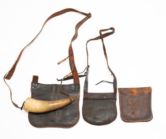 TWO LEATHER HUNTING BAGS WITH POWDER HORN AND POUCH.