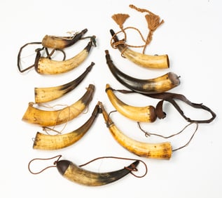 GROUP OF TEN POWDER HORNS.