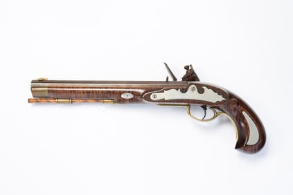 CONTEMPORARY AMERICAN TIGER MAPLE FLINT LOCK PISTOL.