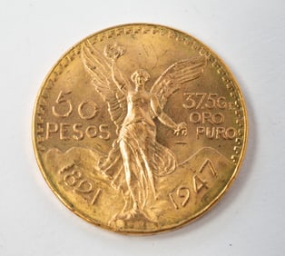 1947 50 MEXICAN PESOS GOLD COIN.