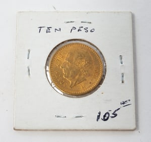 1907 MEXICAN 10 PESOS GOLD COIN.