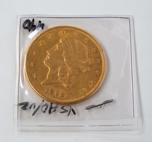 1892 $20 LIBERTY HEAD GOLD COIN.