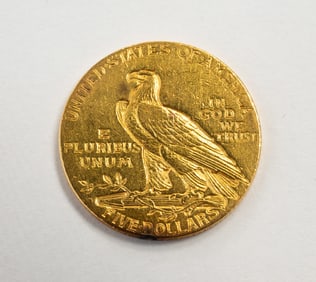 1908 INDIAN HEAD $5 GOLD COIN.