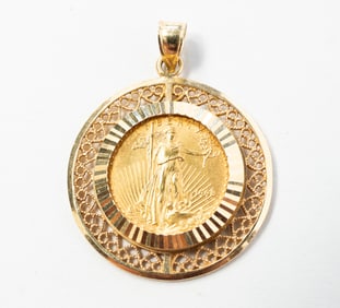 14K YELLOW GOLD BEZEL SET 1998 $5 GOLD AMERICAN EAGLE PENDANT.