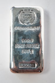 GERMANIA MINT 500G FINE SILVER 999.9 BULLION BAR.