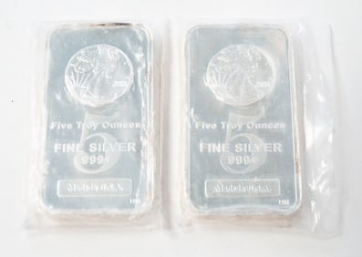 TWO 5 TROY OUNCE BARS OF 999.9 FINE SILVER.