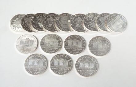 SIXTEEN VEINNA PHILHARMONIC 1 1/2 EURO SILVER COINS.