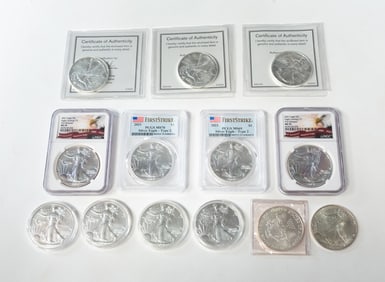 THIRTEEN $1 SILVER EAGLE ONE OUNCE FINE SILVER COINS.