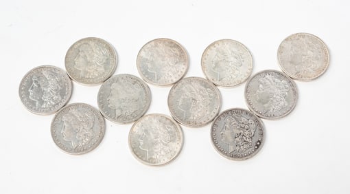 ELEVEN SILVER MORGAN DOLLARS.