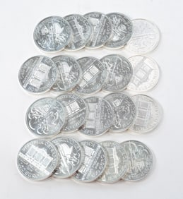 20 VEINNA PHILHARMONIC 1 1/2 EURO SILVER COINS.