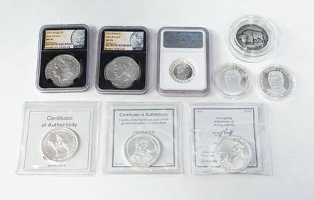 GROUPING OF NINE FINE SILVER COINS.