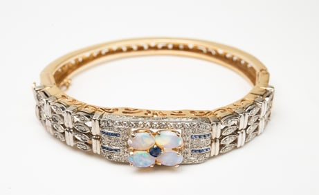 CUSTOM 14K YELLOW GOLD OPAL, SAPPHIRE AND DIAMOND HINGED BRACELET.