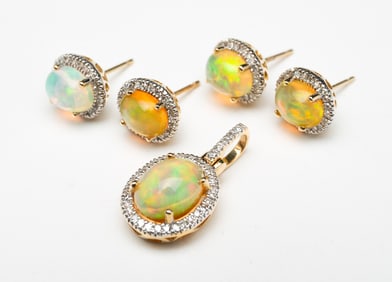 14K YELLOW GOLD OPAL AND DIAMOND EARRINGS AND PENDANT.