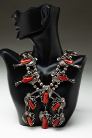 NAVAJO STERLING SILVER CORAL SQUASH BLOSSOM NECKLACE.