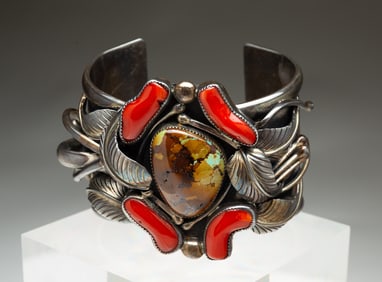 NAVAJO ROYSTON TURQUOISE AND CORAL CUFF BRACELET