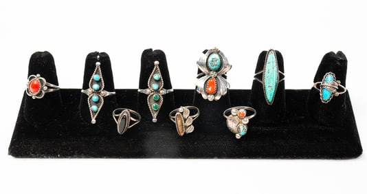 NINE NATIVE AMERICAN OLD PAWN GEMSTONE RINGS.