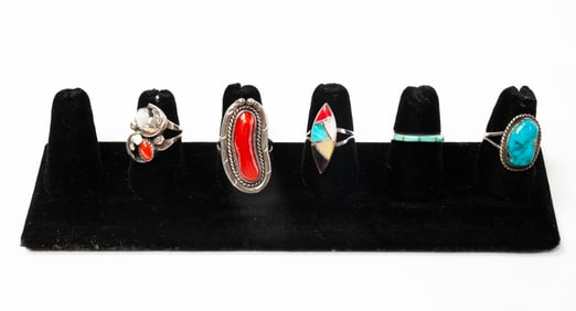 FIVE NATIVE AMERICAN OLD PAWN GEMSTONE RINGS.