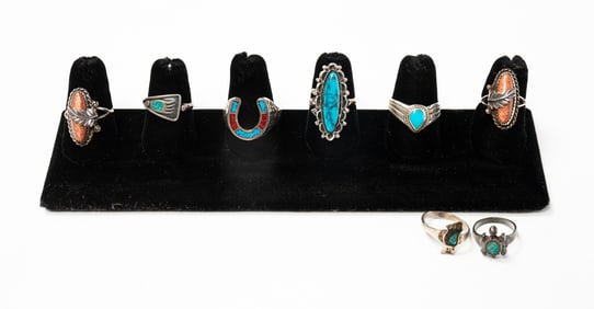 EIGHT NATIVE AMERICAN OLD PAWN GEMSTONE RINGS.