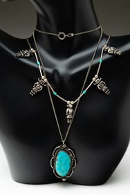 TWO STERLING SILVER AND TURQUOISE NECKLACES.