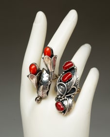 TWO STERLING SILVER NATIVE AMERICAN CORAL RINGS.