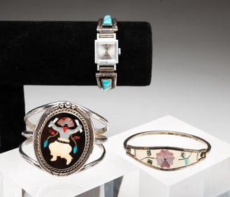 THREE INLAID GEMSTONE BRACELETS.