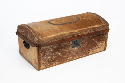 NATHAN NEAT (BOSTON) HIDE-COVERED PINE TRUNK WITH BRASS TACK TRIM.