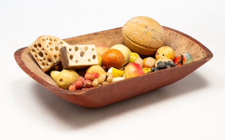 RED-PAINTED TRENCHER WITH GROUP OF (MOSTLY) STONE FRUIT, CHEESE, AND NUTS.