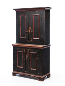 AMERICAN GREEN AND RED-PAINTED PINE STEPBACK CUPBOARD.