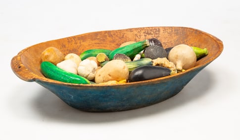 BLUE-PAINTED TRENCHER WITH (MOSTLY) STONE VEGETABLES.