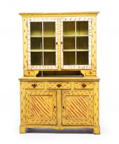 AMERICAN PAINT-DECORATED CHERRY STEPBACK CUPBOARD.